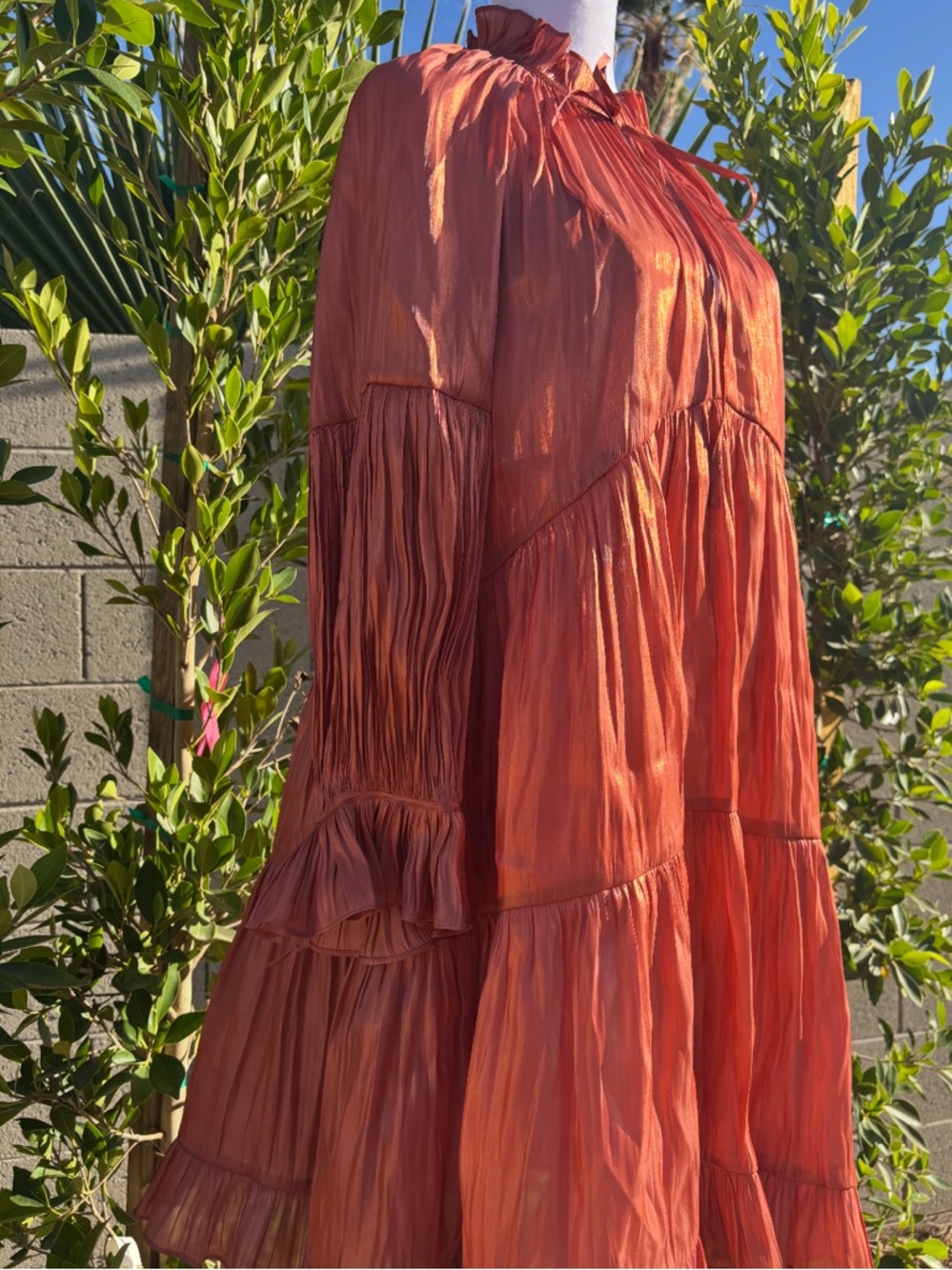Cinq a sept Copper Rust Tiered Pleated long sleeve Dress with slip